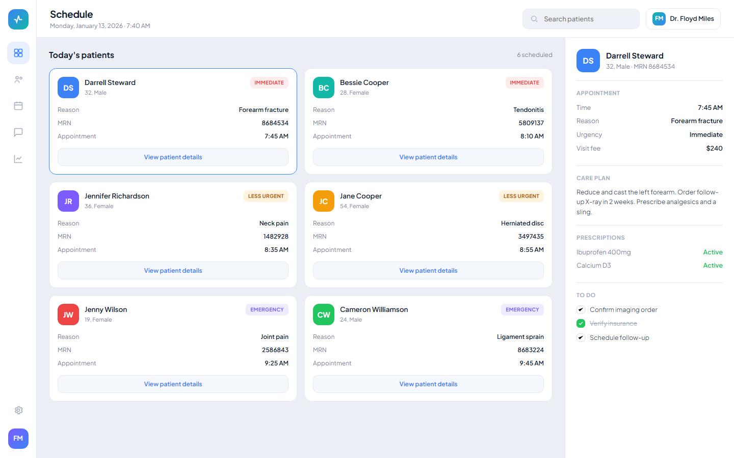 Pulse Clinic scheduling dashboard template showing patient roster, urgency tags and appointments by day chart